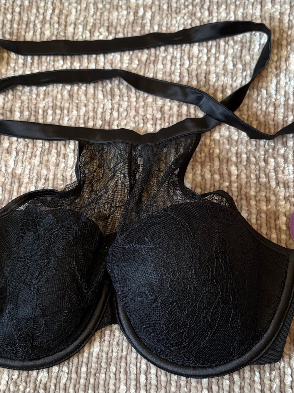 Cacique Black Lace Underwire Halter Bra with Sheer Panel